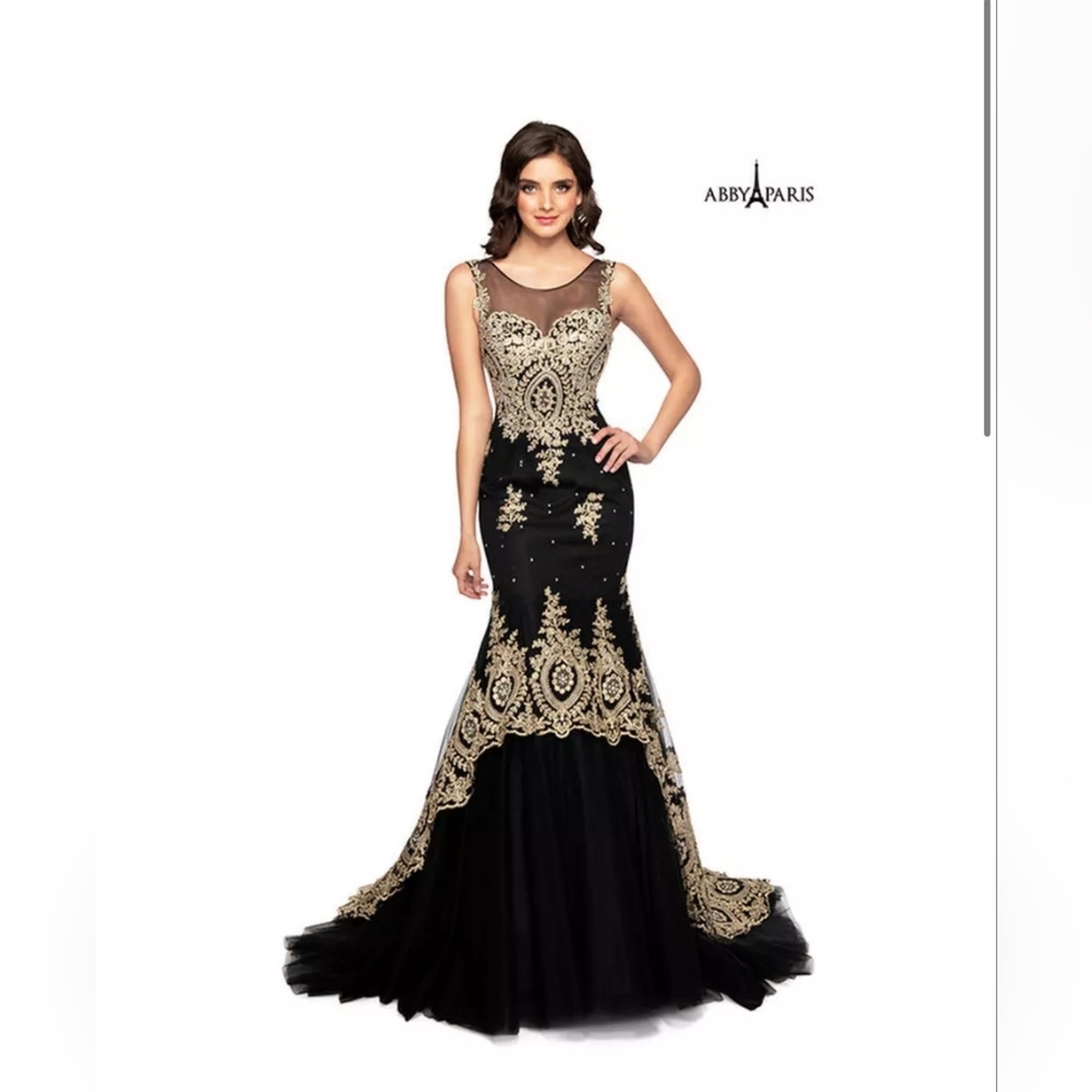 Black and Gold Embroidered Mermaid Evening Gown